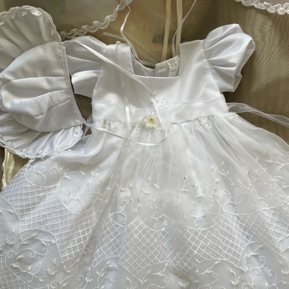 White Baptismal/Christening outfit with Embroidered Tulle Overlay, Bonnet, Cape
